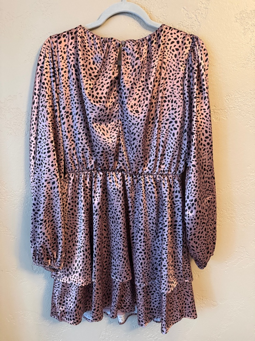 Peach Love Metallic Rose Pink Leopard Spot Knee Length Midi Dress Shiny Tiered M - Picture 4 of 13